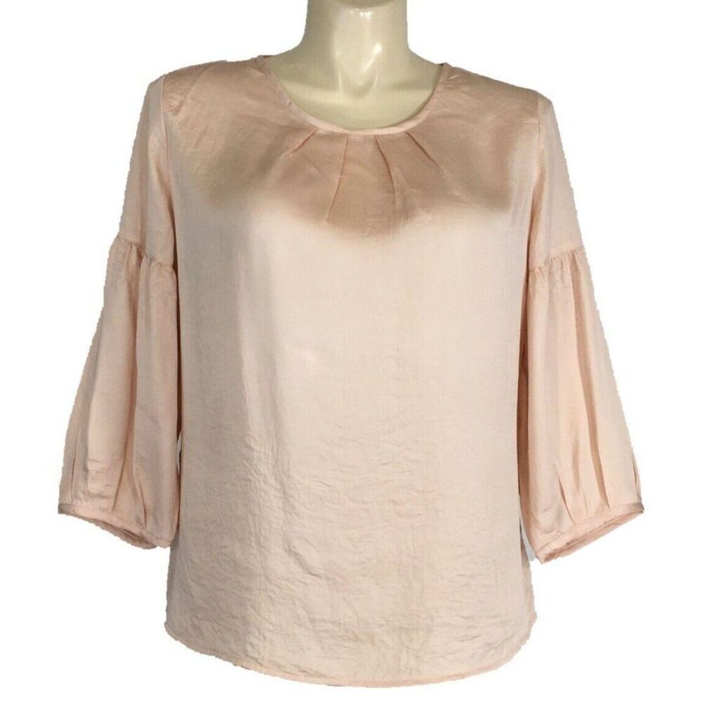 Talbots Top 16‎ Soft Peach Pleat Neck Peasant Sl Sateen Blouse Business Casual